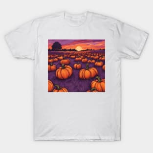 Halloween Pumpkin Patch at Dawn in Cartoon Style T-Shirt